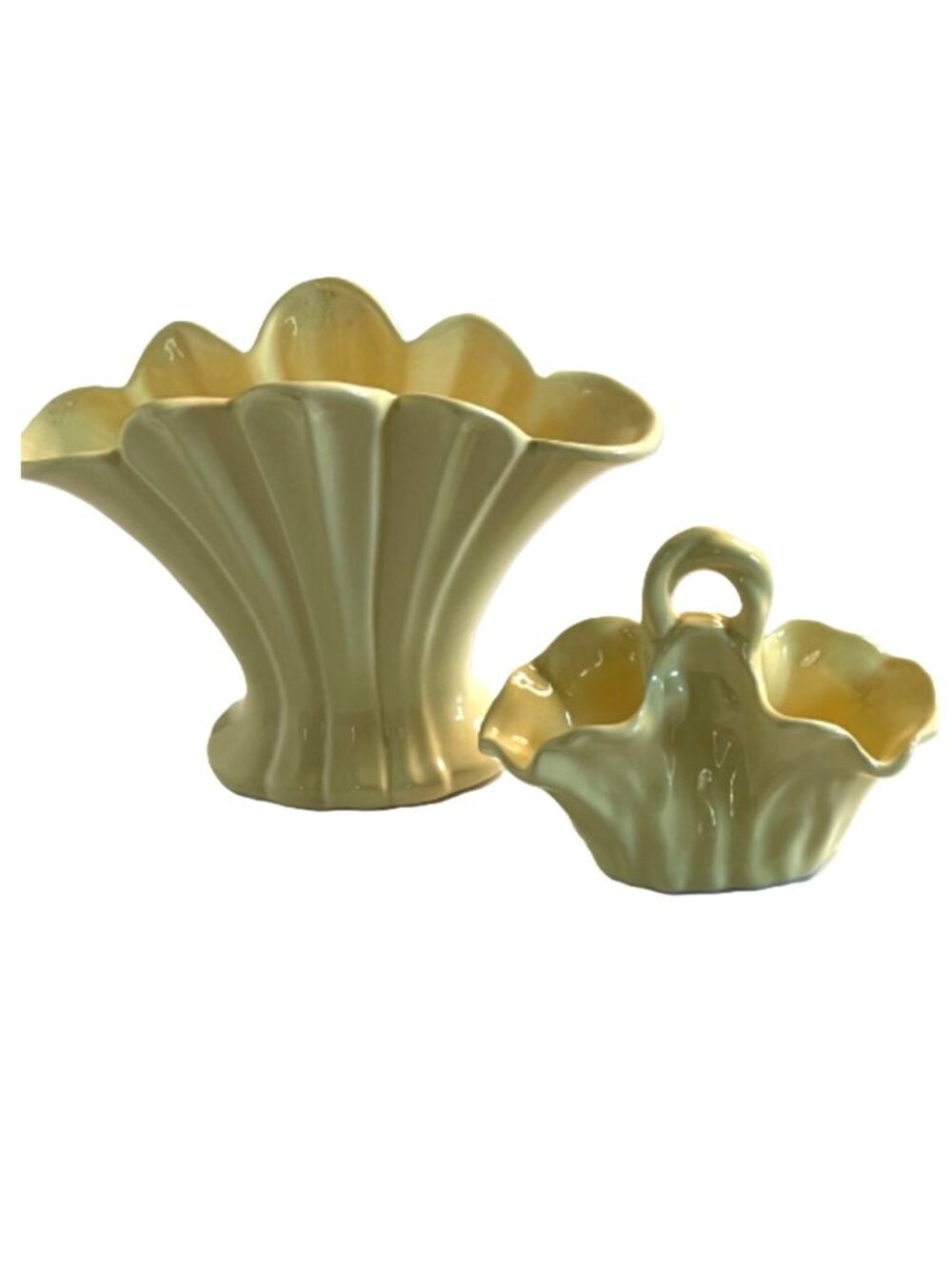 Vintage Royal Haeger Yellow Fan Vase and Basket Set MCM Art Deco Canary Matte